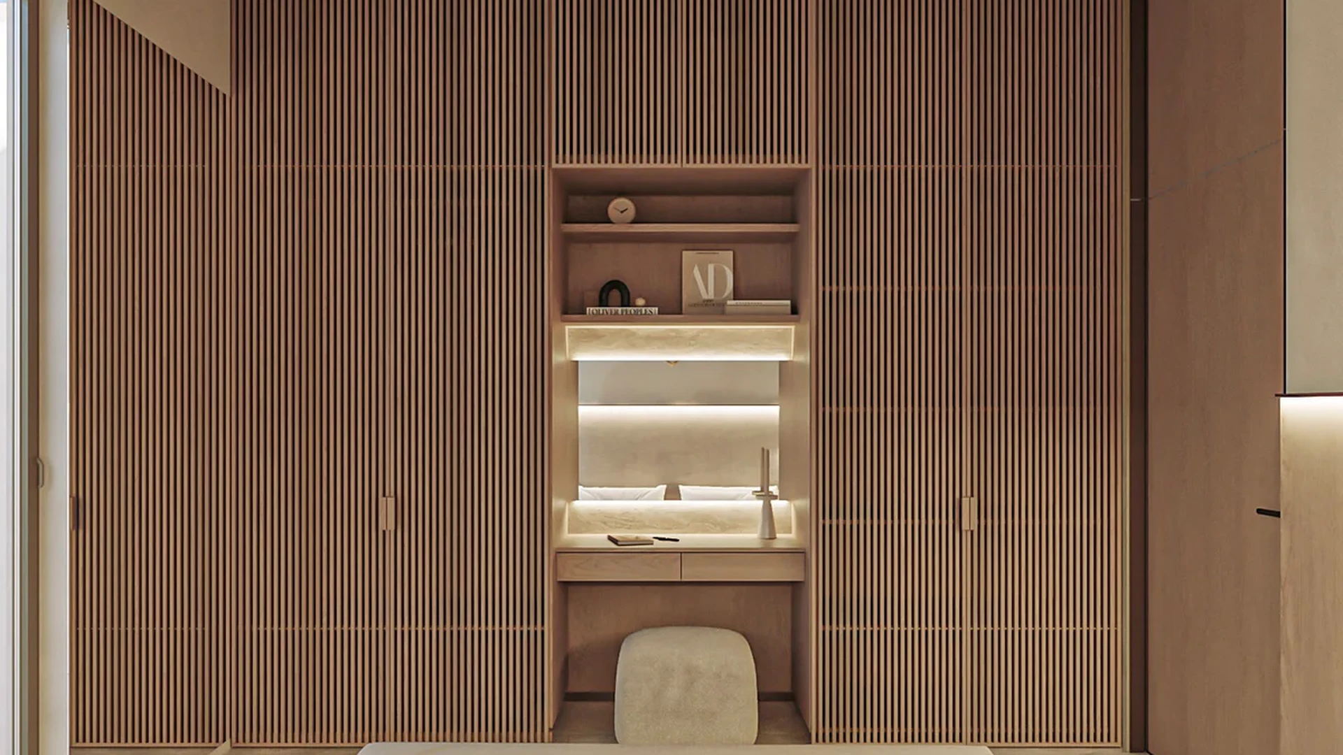 View of Modern Bedroom at Spirit 1978, showcasing Neutral Decor, Wood Paneling.