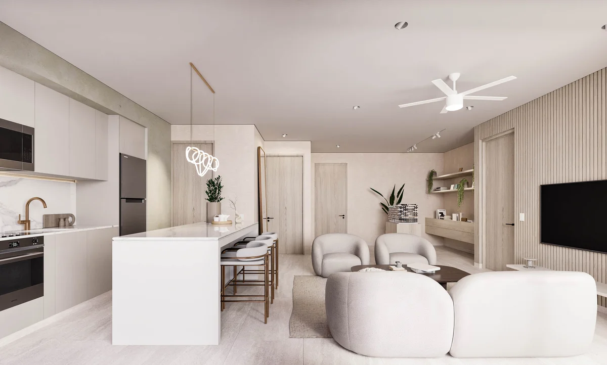 View of Modern Interior at Atzaro Residences, showcasing Open Concept Living, Contemporary Kitchen.