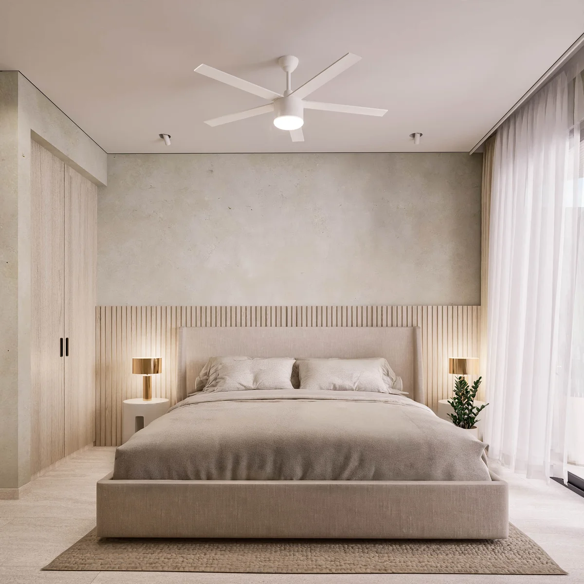 View of Modern Bedroom at Atzaro Residences, showcasing Neutral Design, Minimalist Interior.