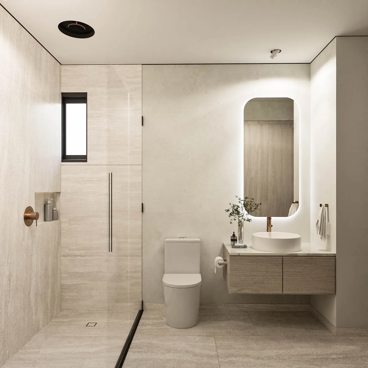 View of Modern Bathroom at Atzaro Residences, showcasing Sleek Design, Walk-in Shower.
