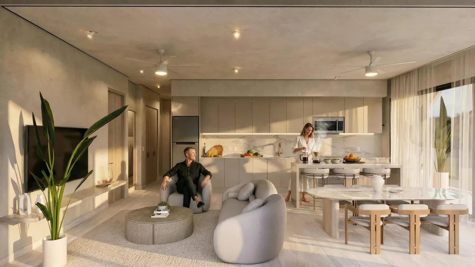 View of Modern Living Room at Atzaro Residences, showcasing Open Concept Kitchen, Contemporary Interior.