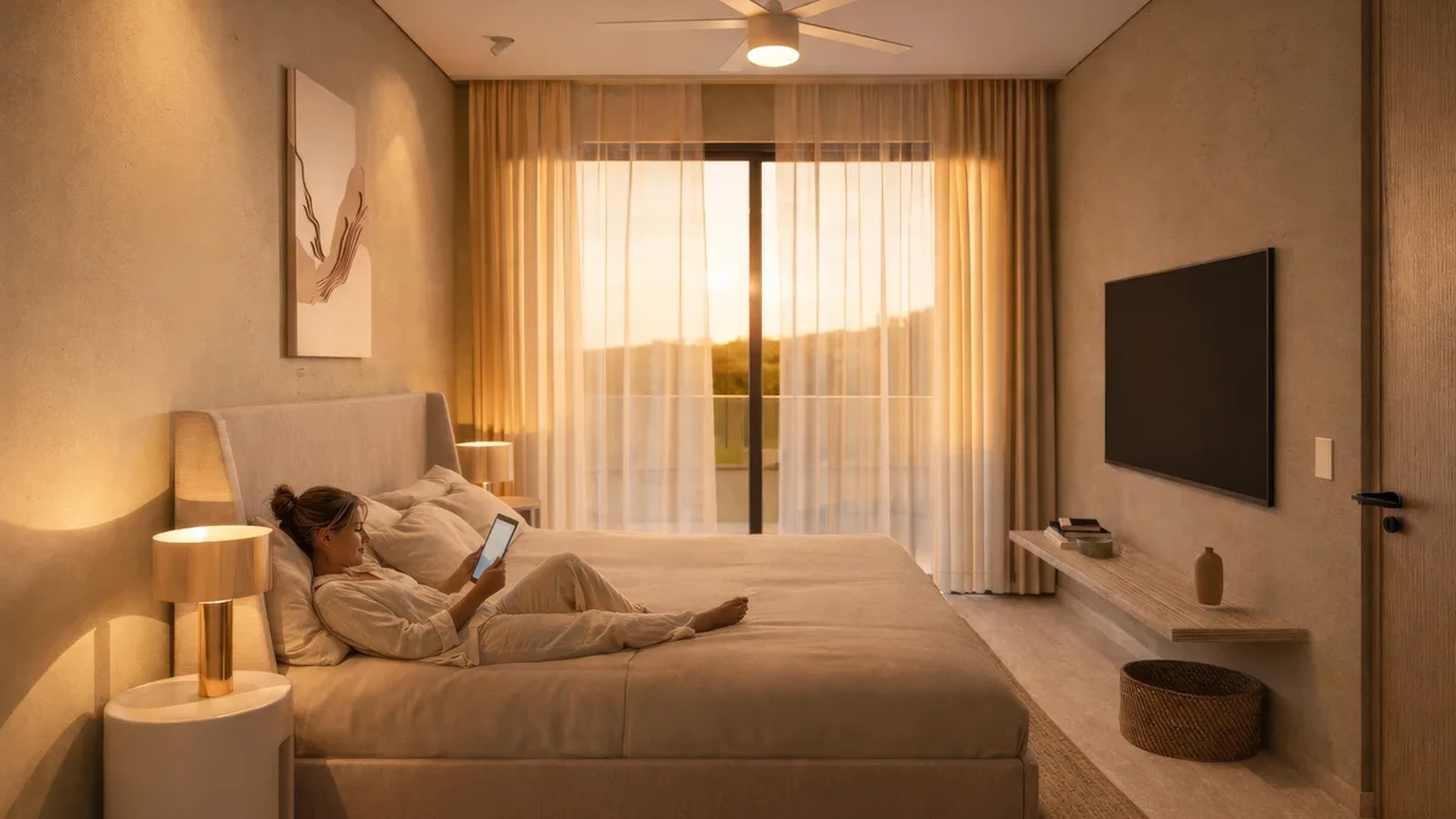 View of Modern Bedroom at Atzaro Residences, showcasing King Size Bed, Balcony View.