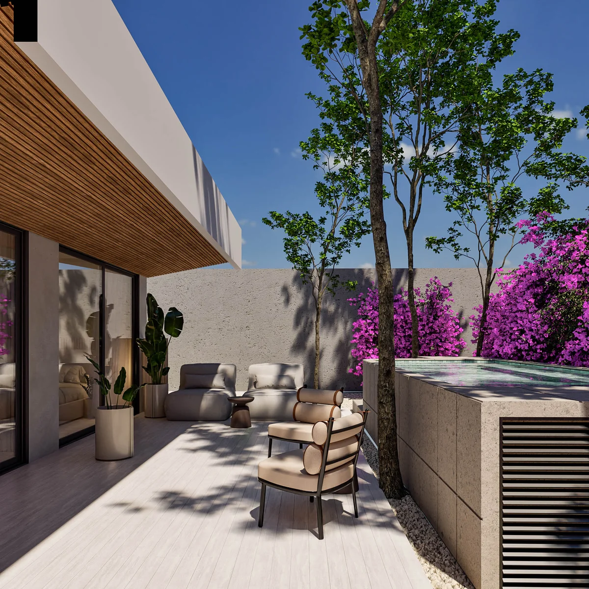 Image of Jacuzzi at Atzaro Residences, featuring Outdoor Lounge, Modern Patio.