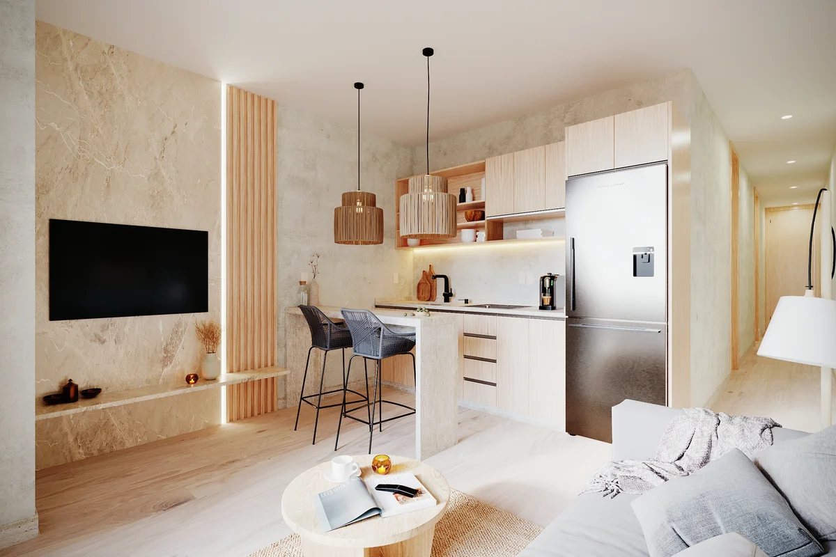 View of Modern Living Room at Petrus Condos, showcasing Open Concept Kitchen, Contemporary Interior.
