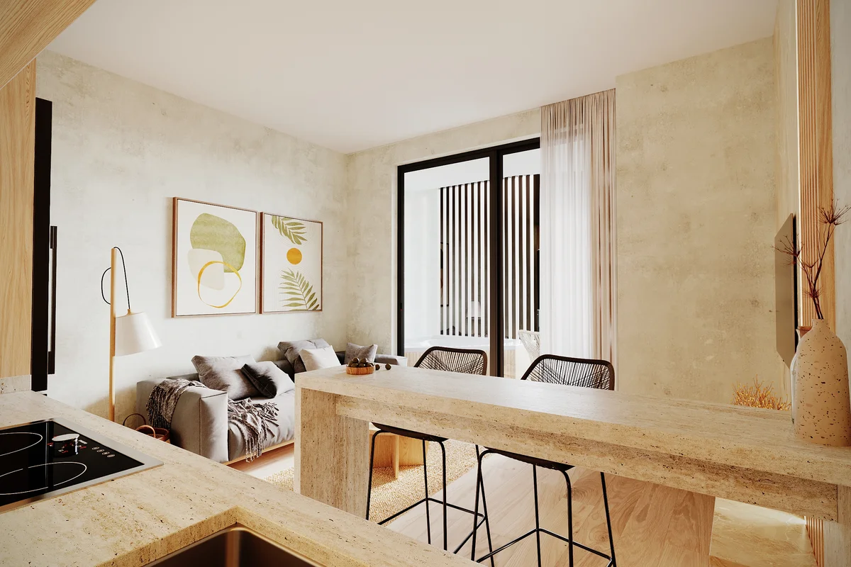 View of Modern Living Room at Petrus Condos, showcasing Open Concept Design, Kitchen Bar.