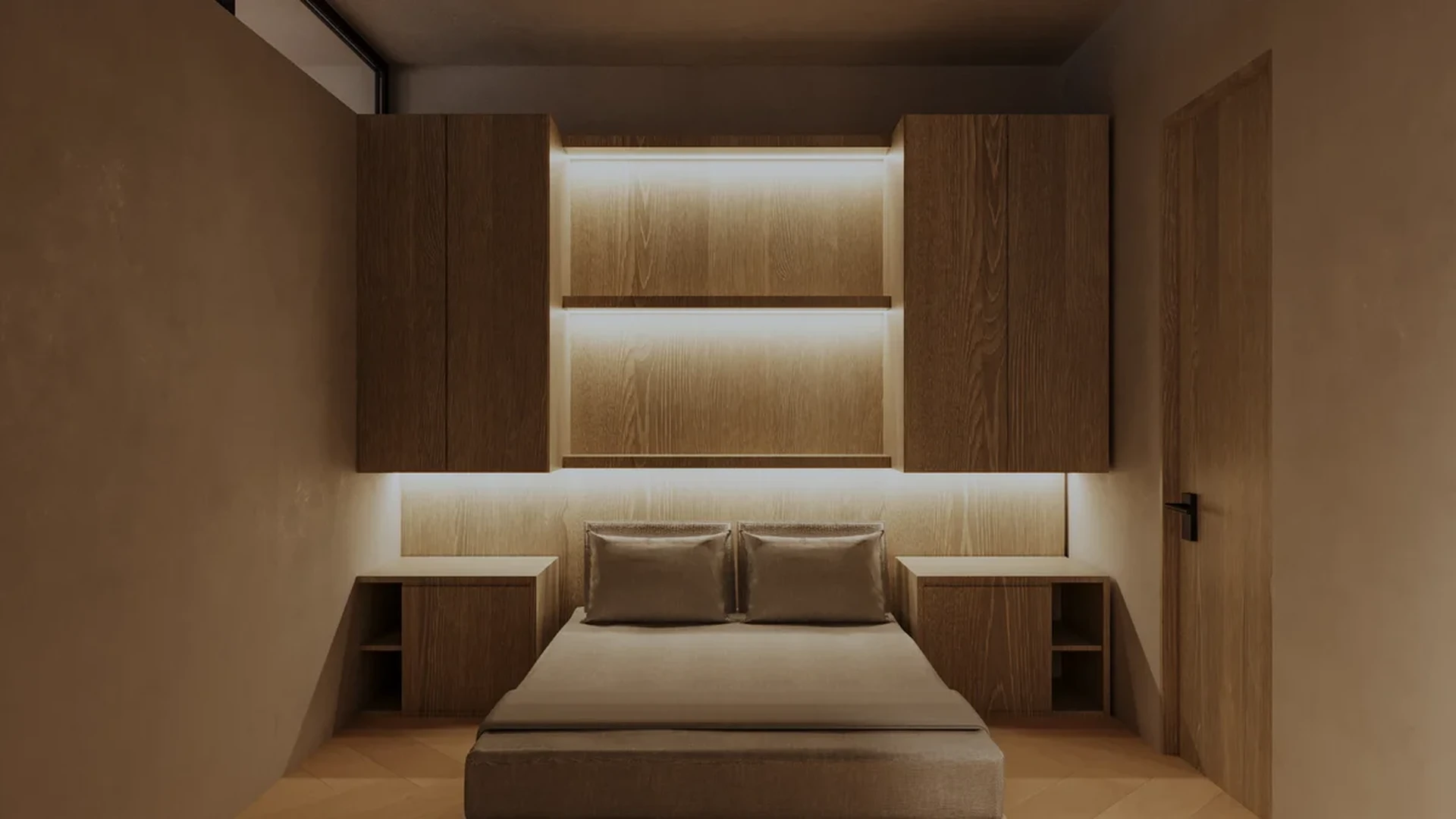 View of Modern Bedroom at Petrus Condos, showcasing Minimalist Design, Built-in Storage.