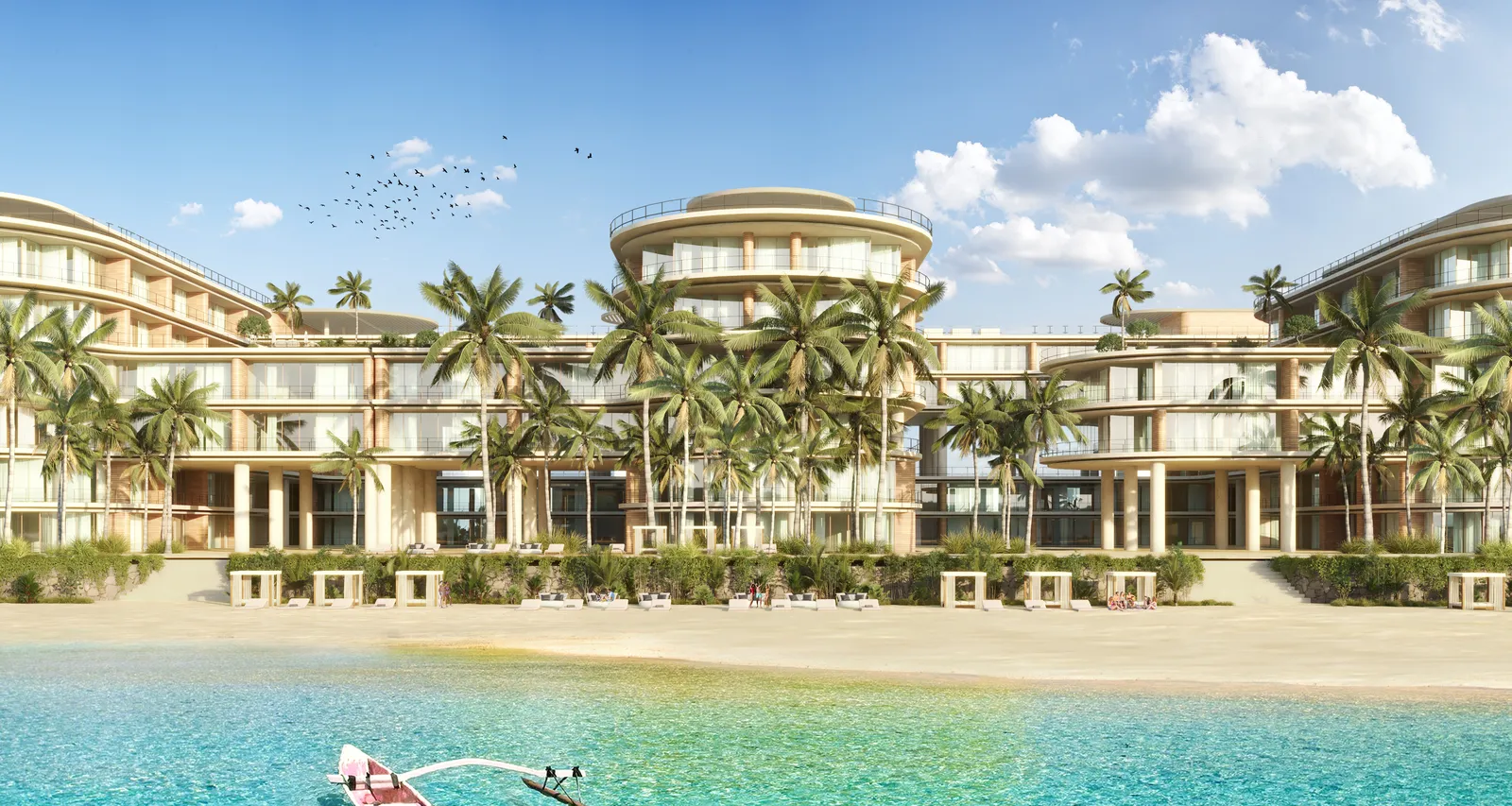 Architectural rendering of a luxury beachfront resort with palm trees