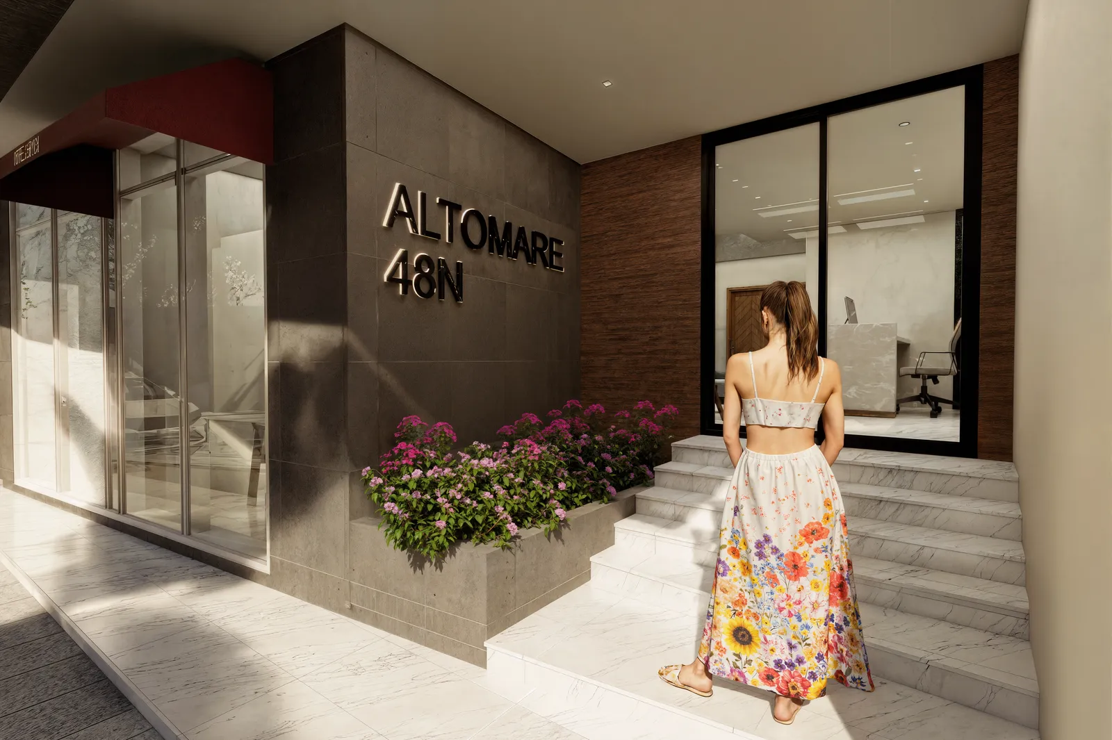 Building entrance with marble stairs and pink flowers