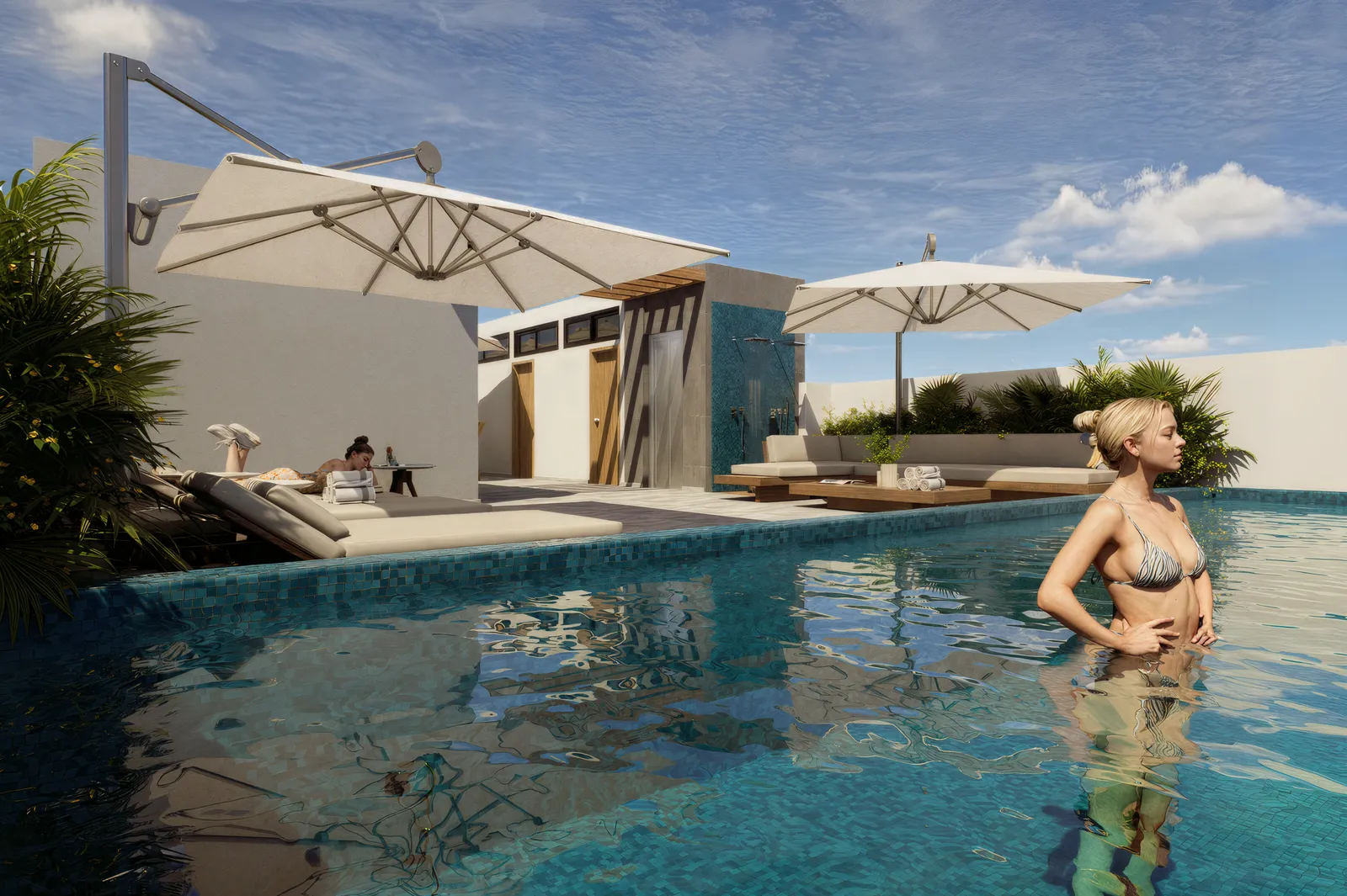 Private pool terrace with lounge chairs and outdoor shower