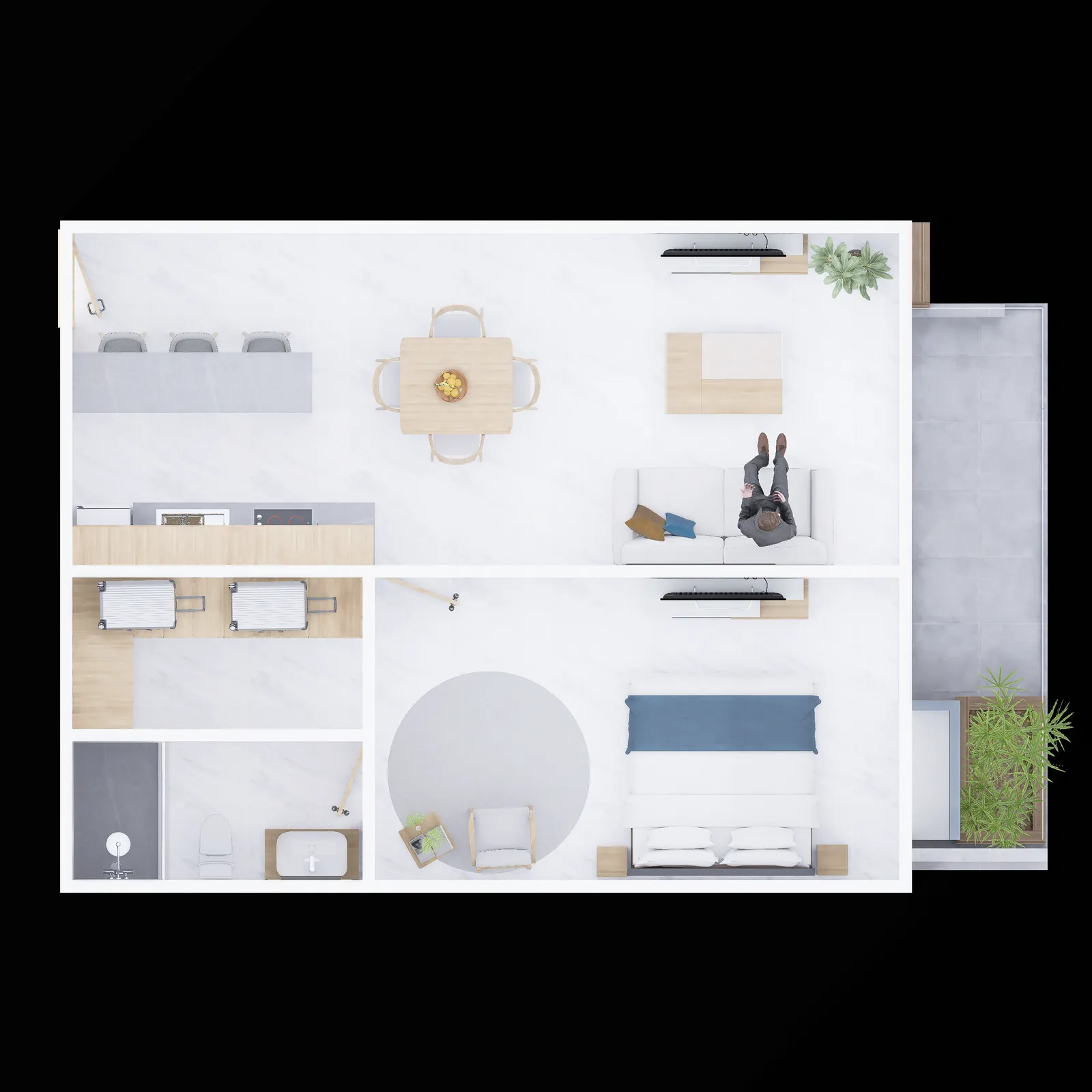 Top-down 3D render of apartment layout with furniture