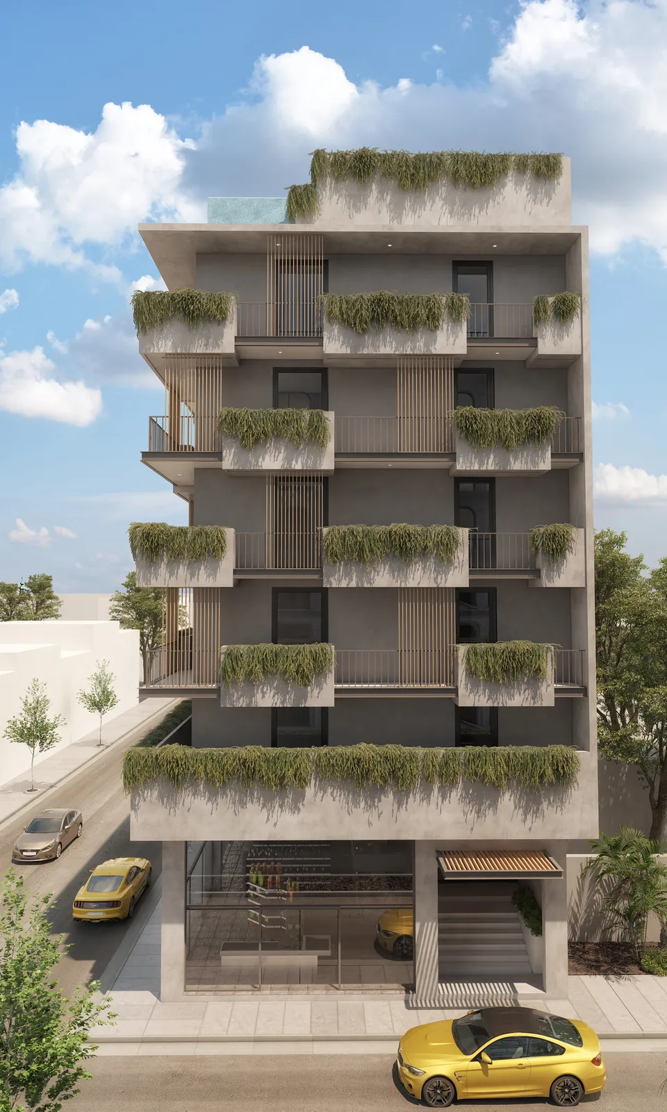 Modern apartment building with green balconies