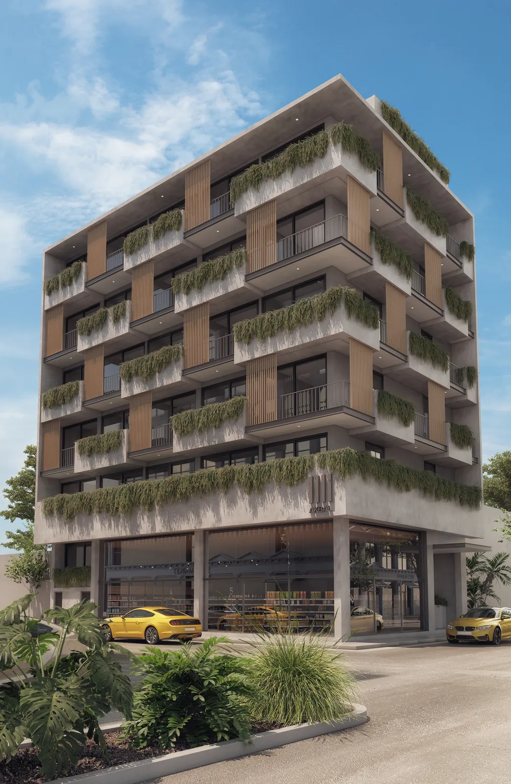 Modern apartment building with balconies and ground floor retail