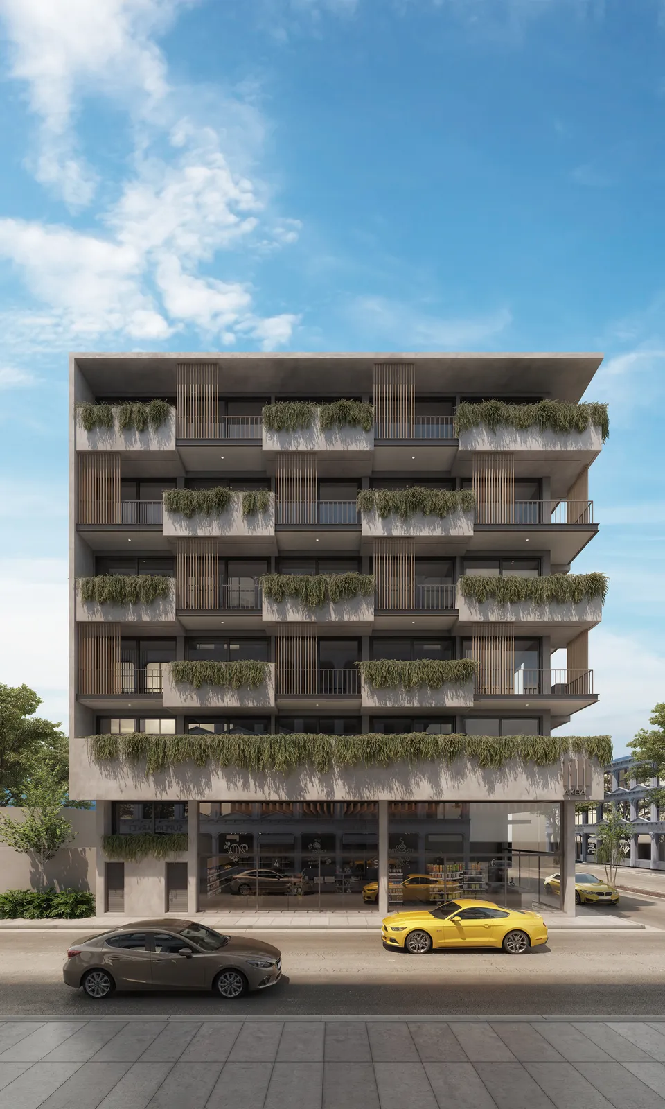 Modern apartment building exterior with green balconies