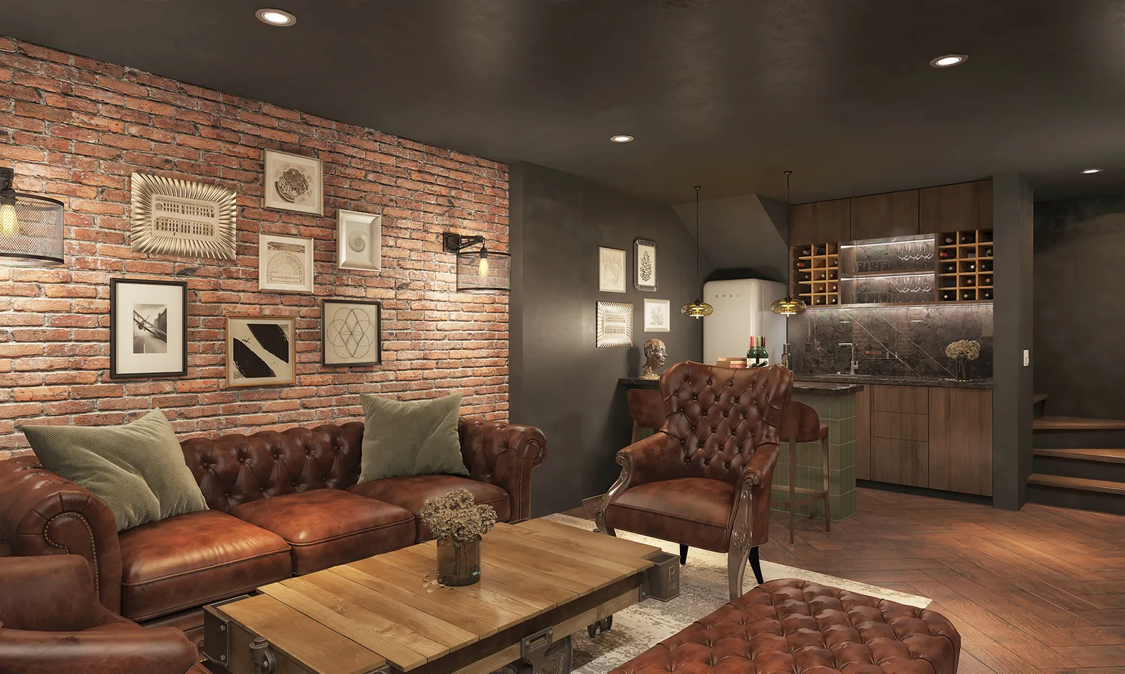 Living room with leather sofa, brick wall, and bar area