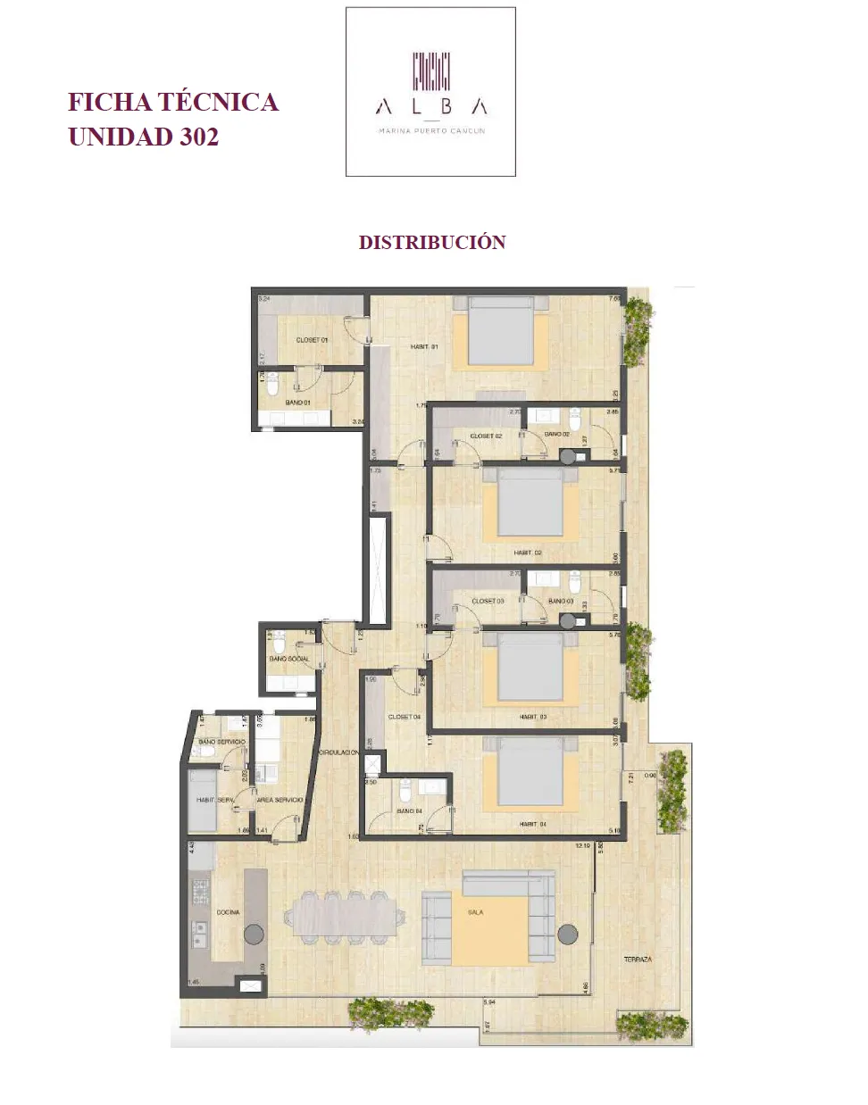Unit 302 floor plan with four bedrooms and terrace