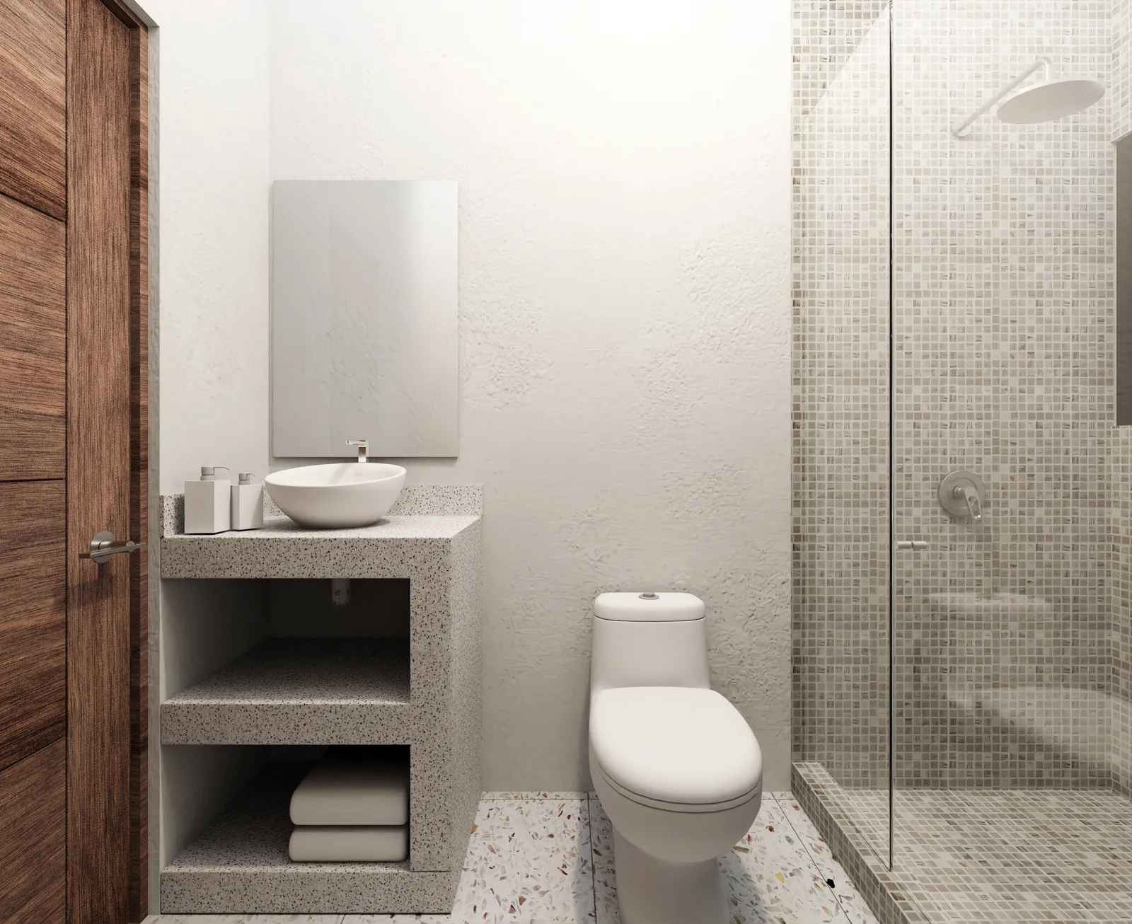 Modern bathroom with vessel sink and glass-enclosed shower