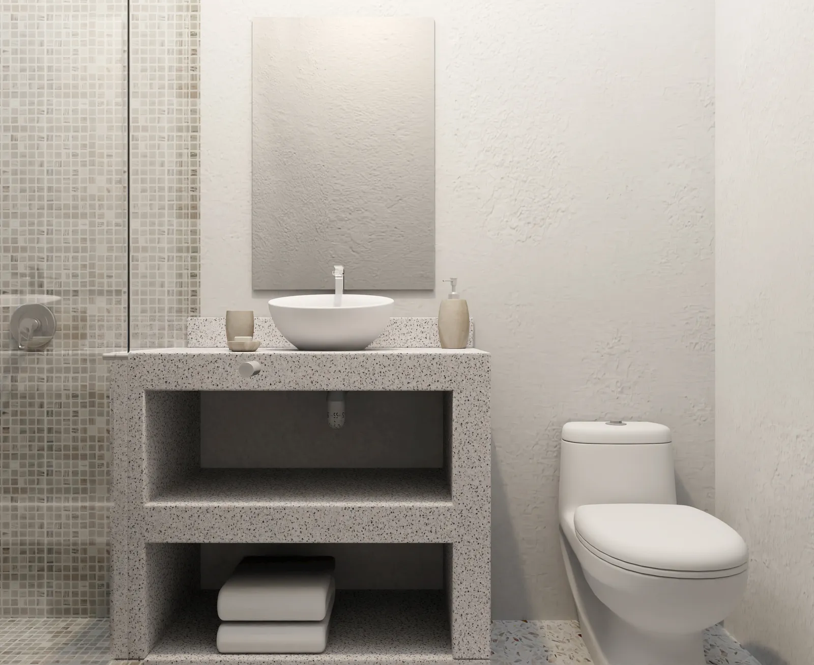Bathroom with terrazzo vanity and glass shower enclosure