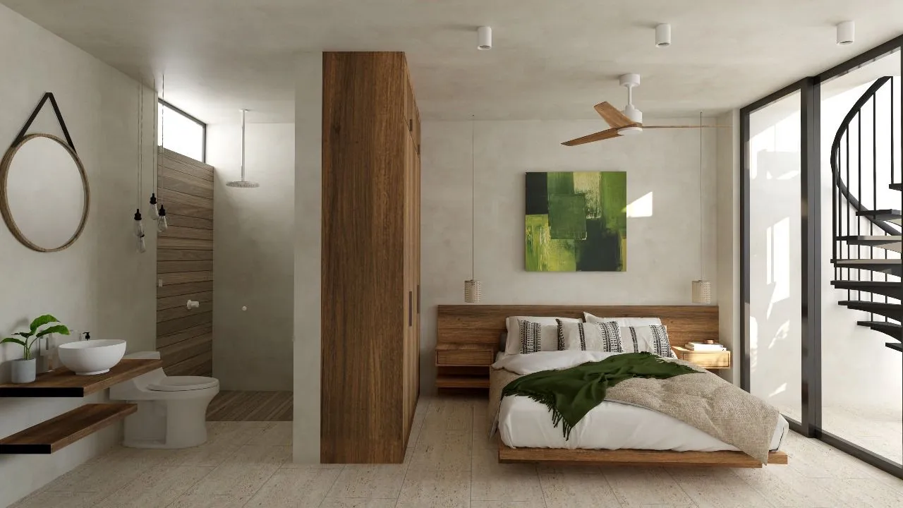 Bedroom with open bathroom and spiral staircase