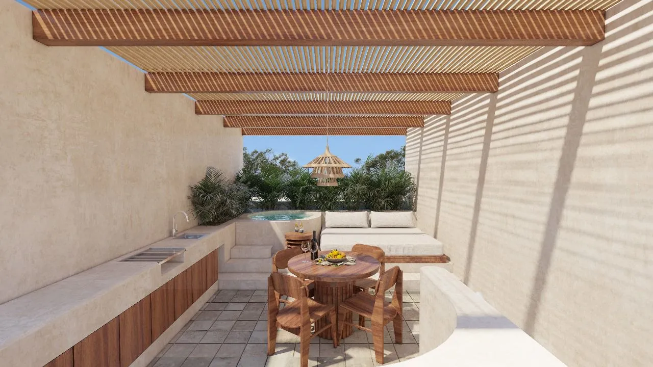 terrace with pergola, kitchenette, and daybed