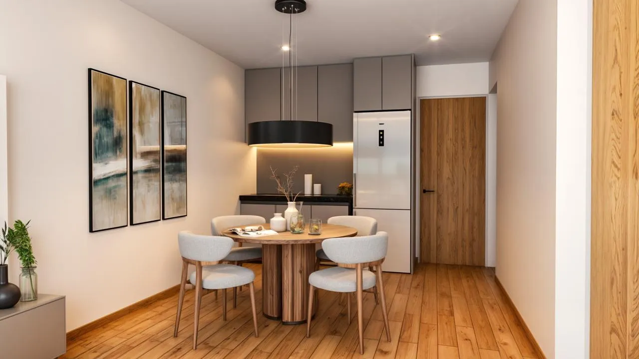 dining area with round table and kitchen