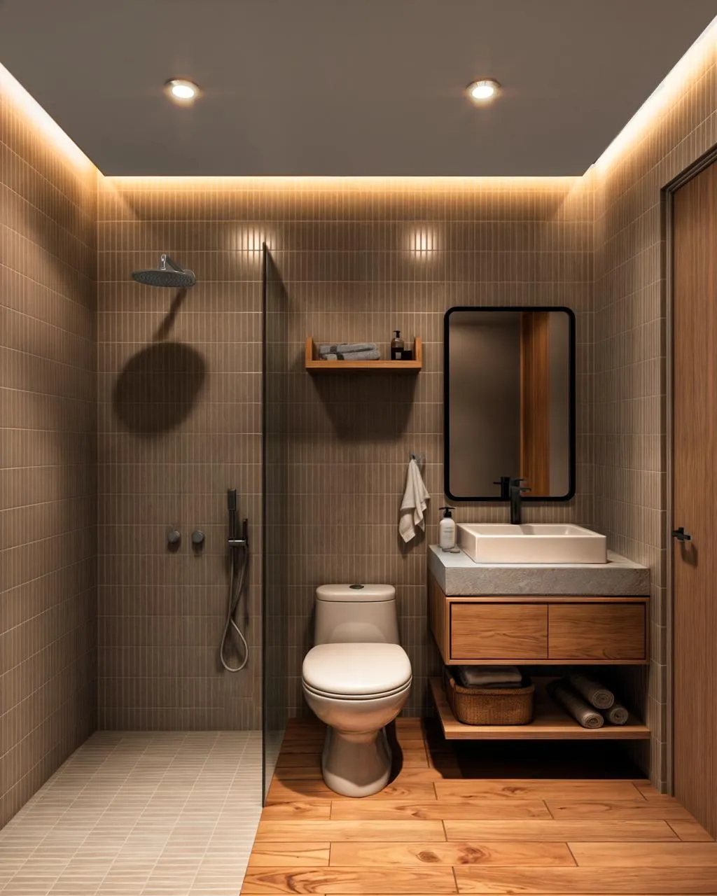 Modern bathroom with walk-in shower and vanity
