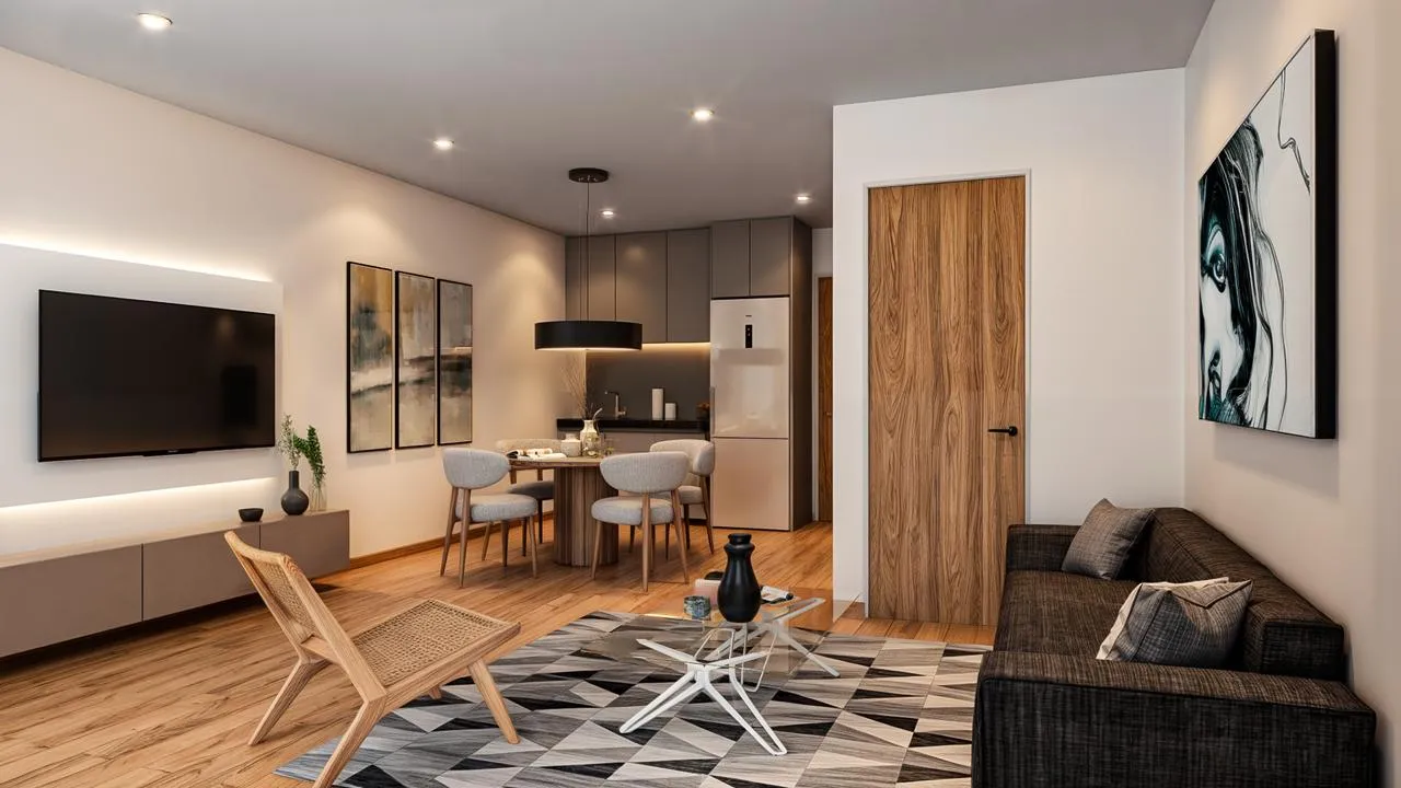 Modern living room with dining area and kitchen