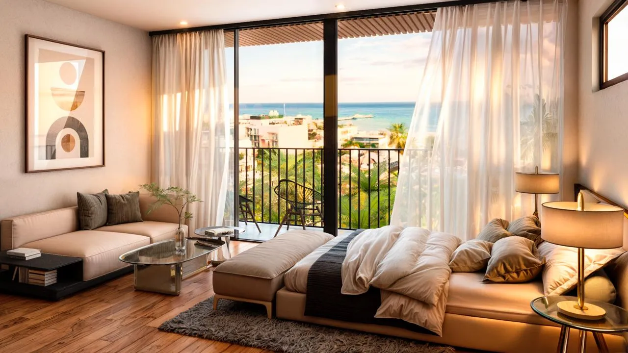 Bedroom with balcony and ocean view