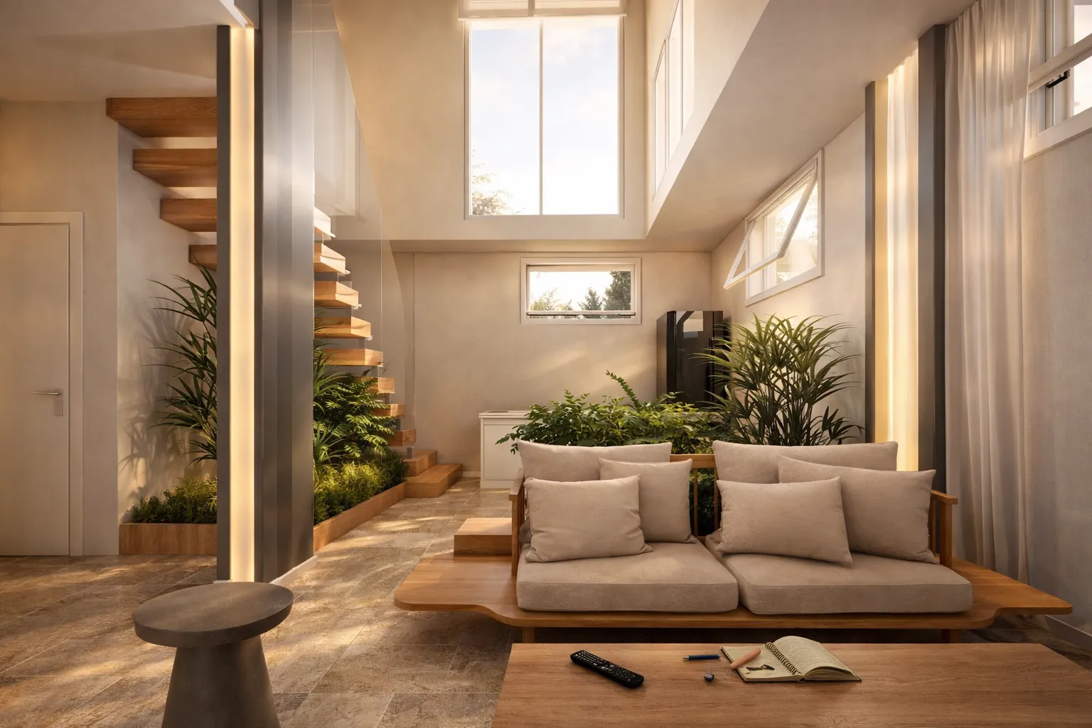 Modern living room with wooden sofa and floating staircase