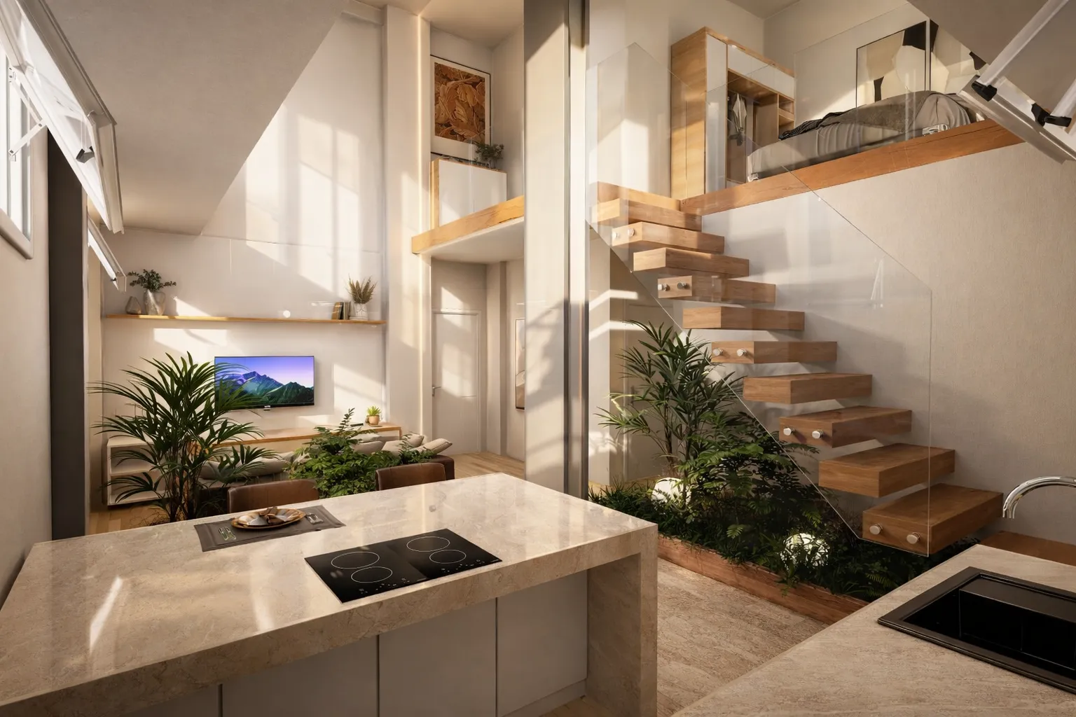 Modern duplex interior with kitchen island and loft bedroom