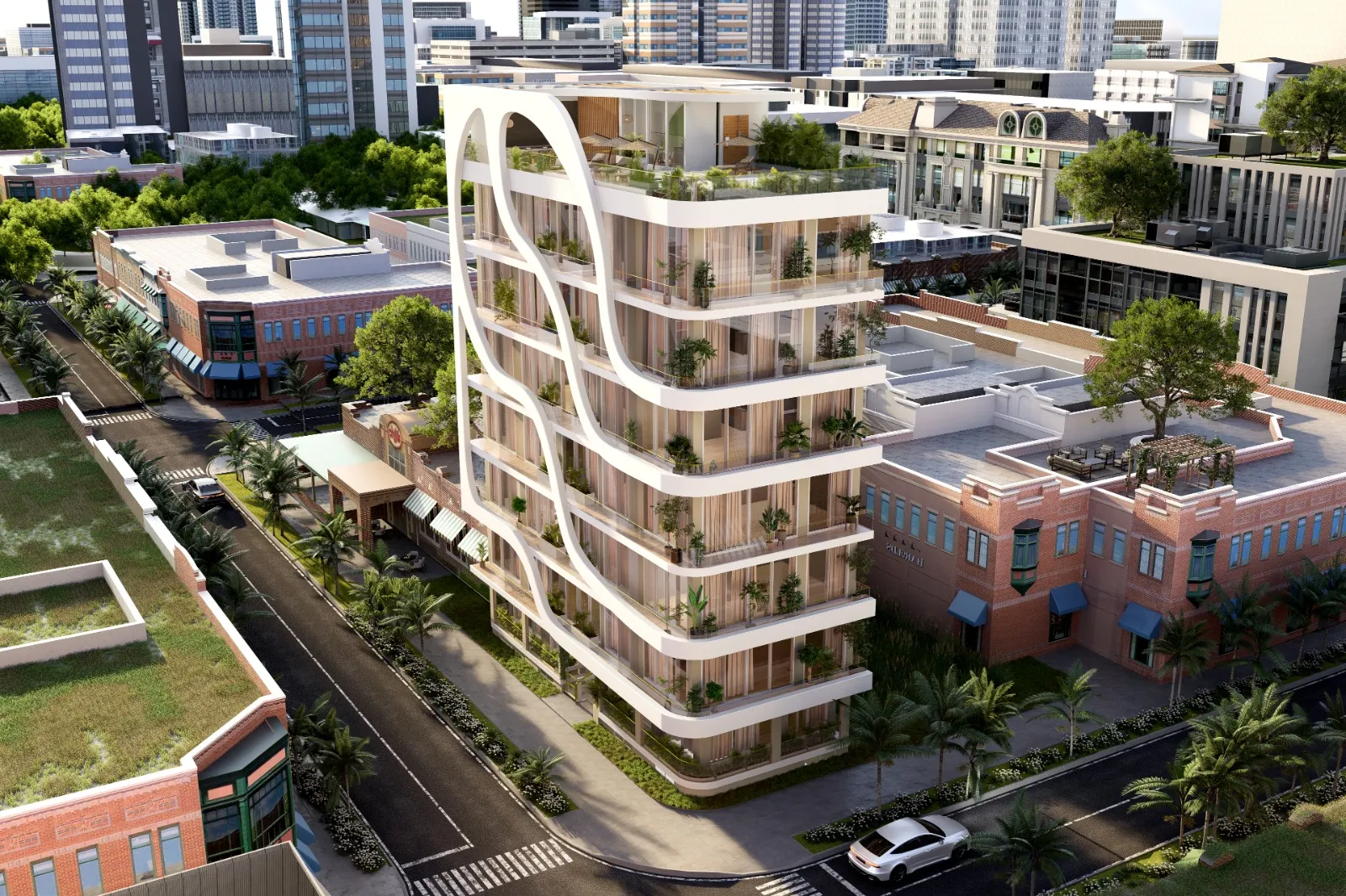 Architectural rendering of a modern multi-story building