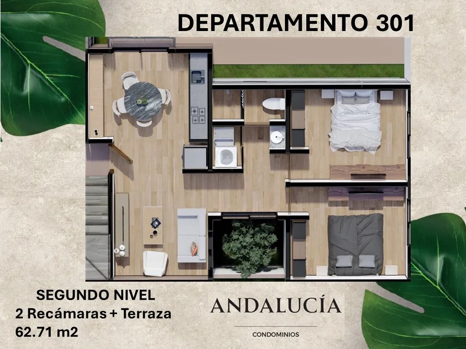 Floor plan of Departamento 301 showing two bedrooms and terrace.