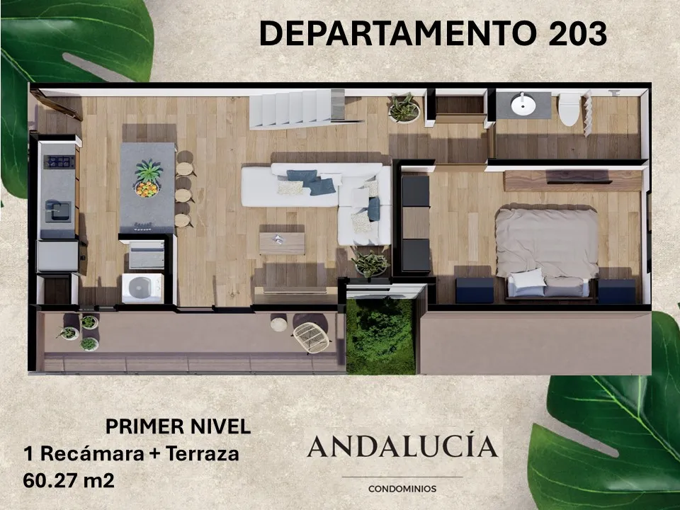 3D floor plan layout of Departamento 203 with bedroom and terrace