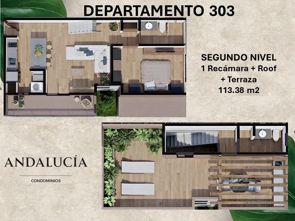 Floor plan for Departamento 303 showing interior and terrace layout.
