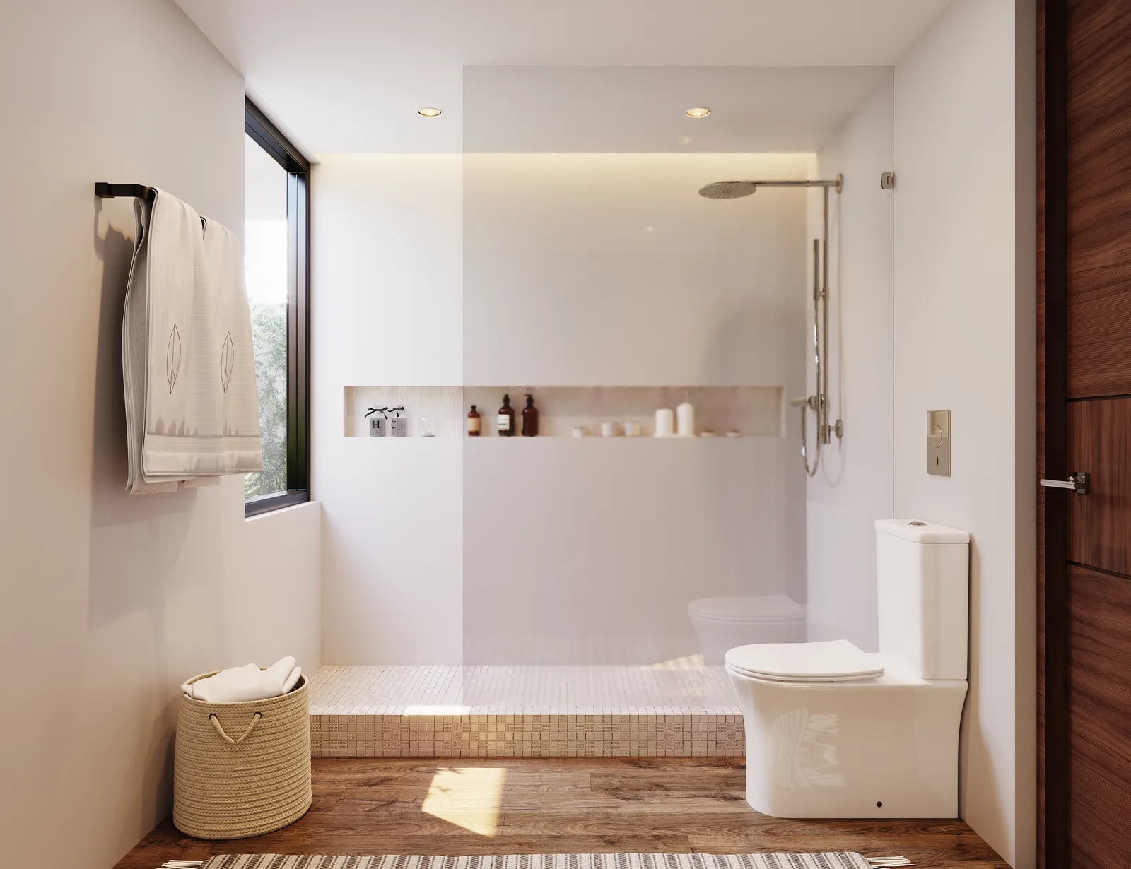 Modern bathroom with walk-in shower and wooden flooring