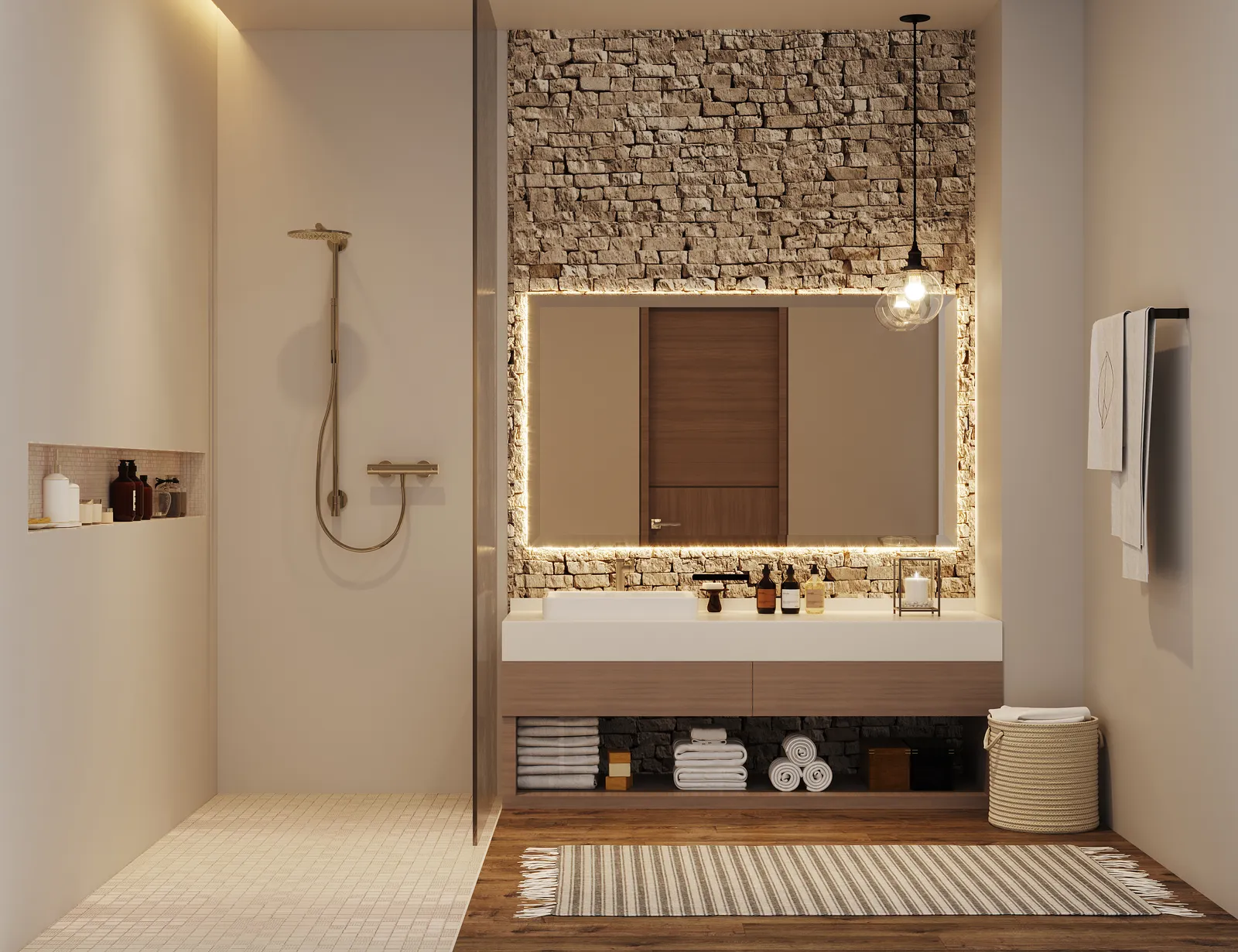 Modern bathroom featuring stone wall and glass shower enclosure