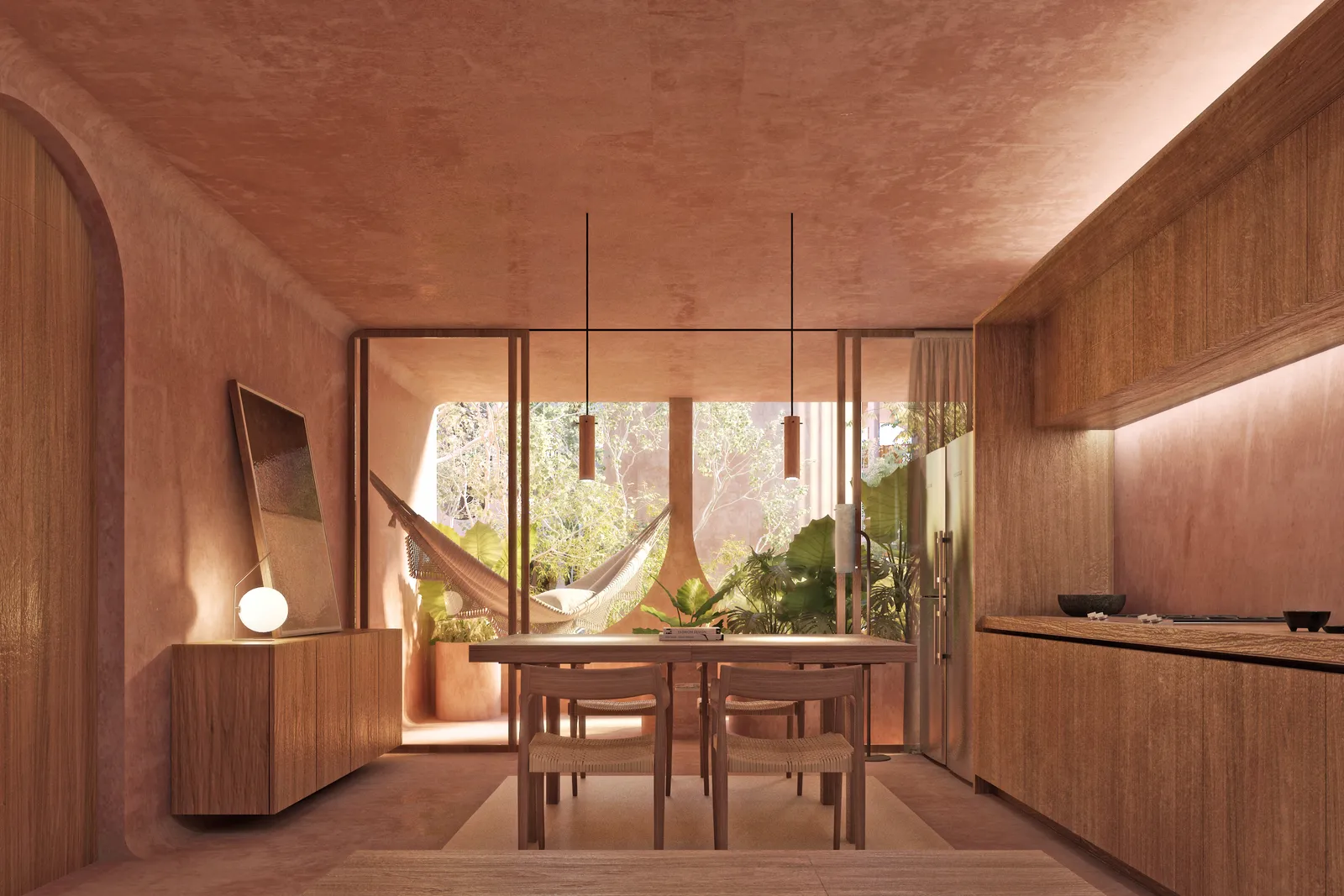 Modern dining room render with wooden furniture and patio view