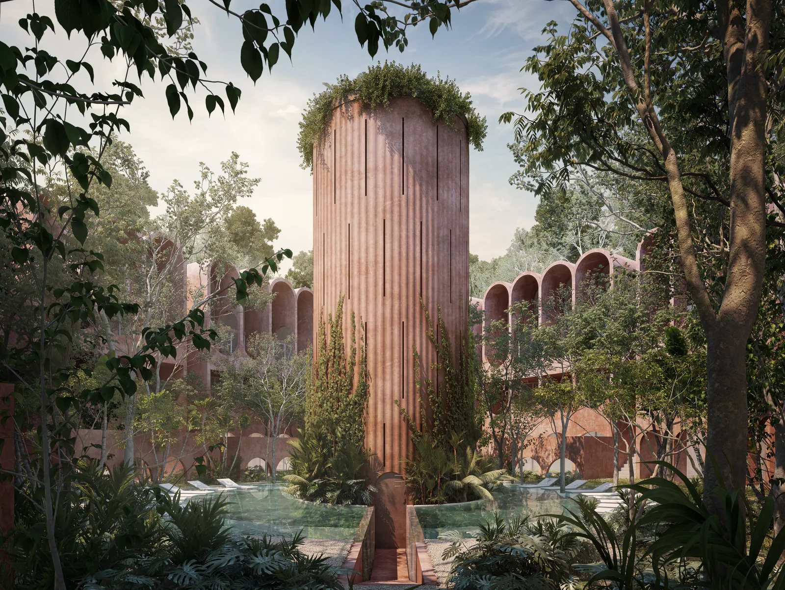 Modern architectural render featuring a cylindrical tower and pool.