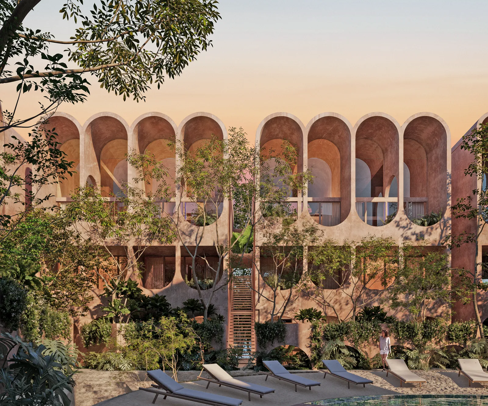 Architectural render of building with arches and pool area