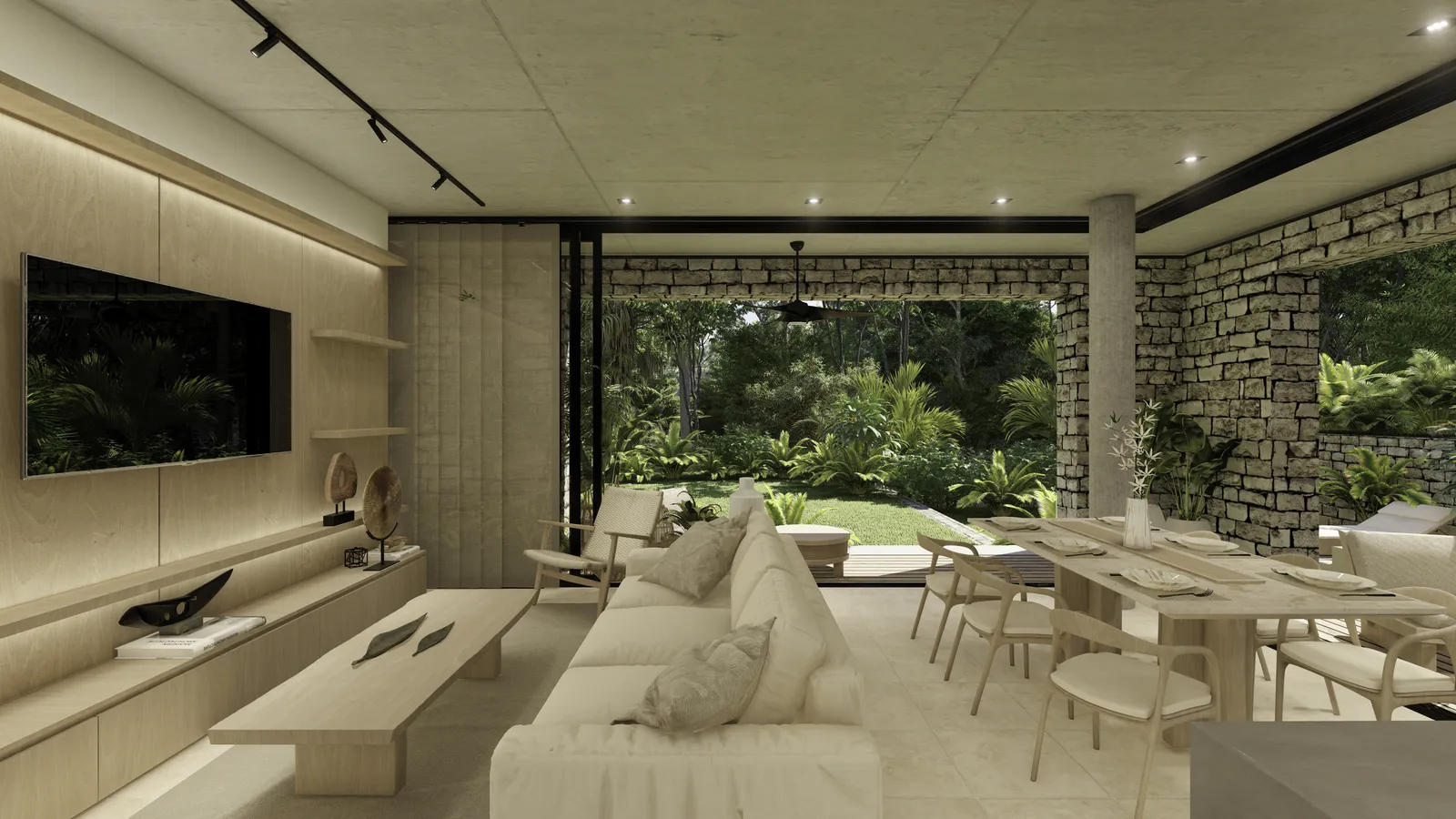 Modern living and dining area with garden view