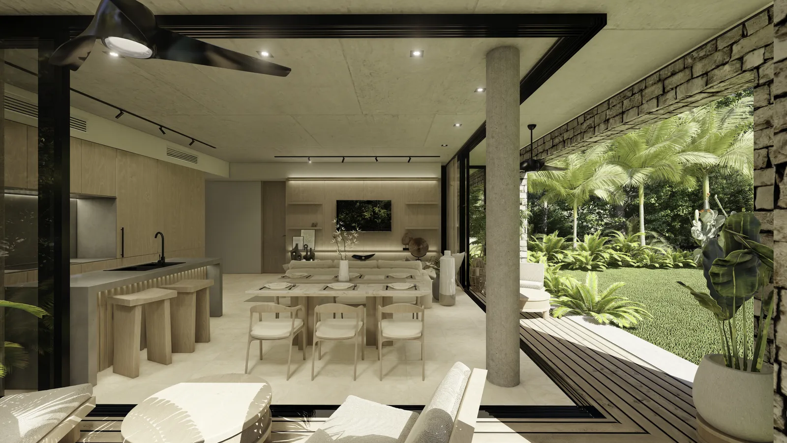 Modern open plan living and dining area with garden view