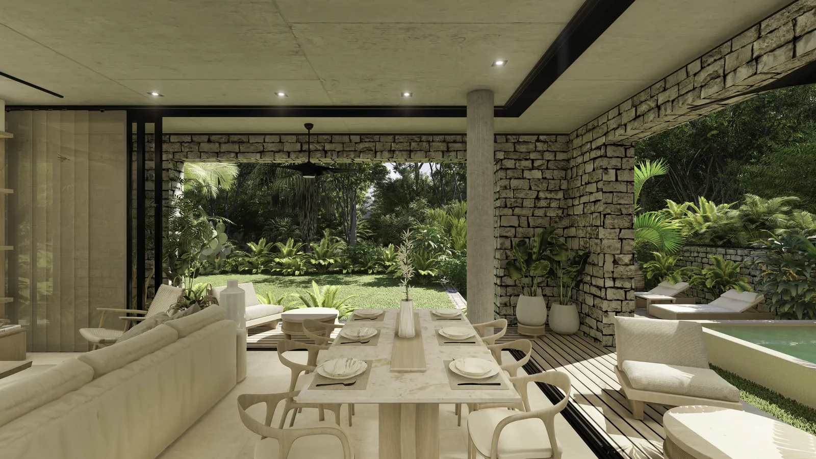 Modern open plan living and dining area with garden view.