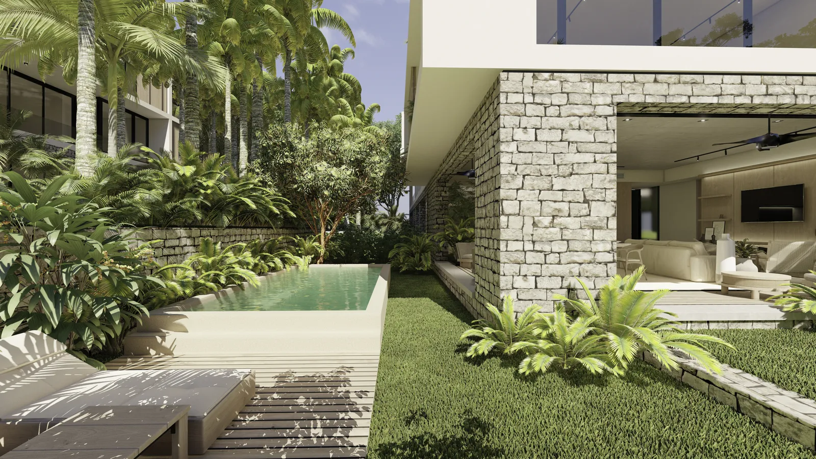 Modern house exterior with pool and tropical garden.