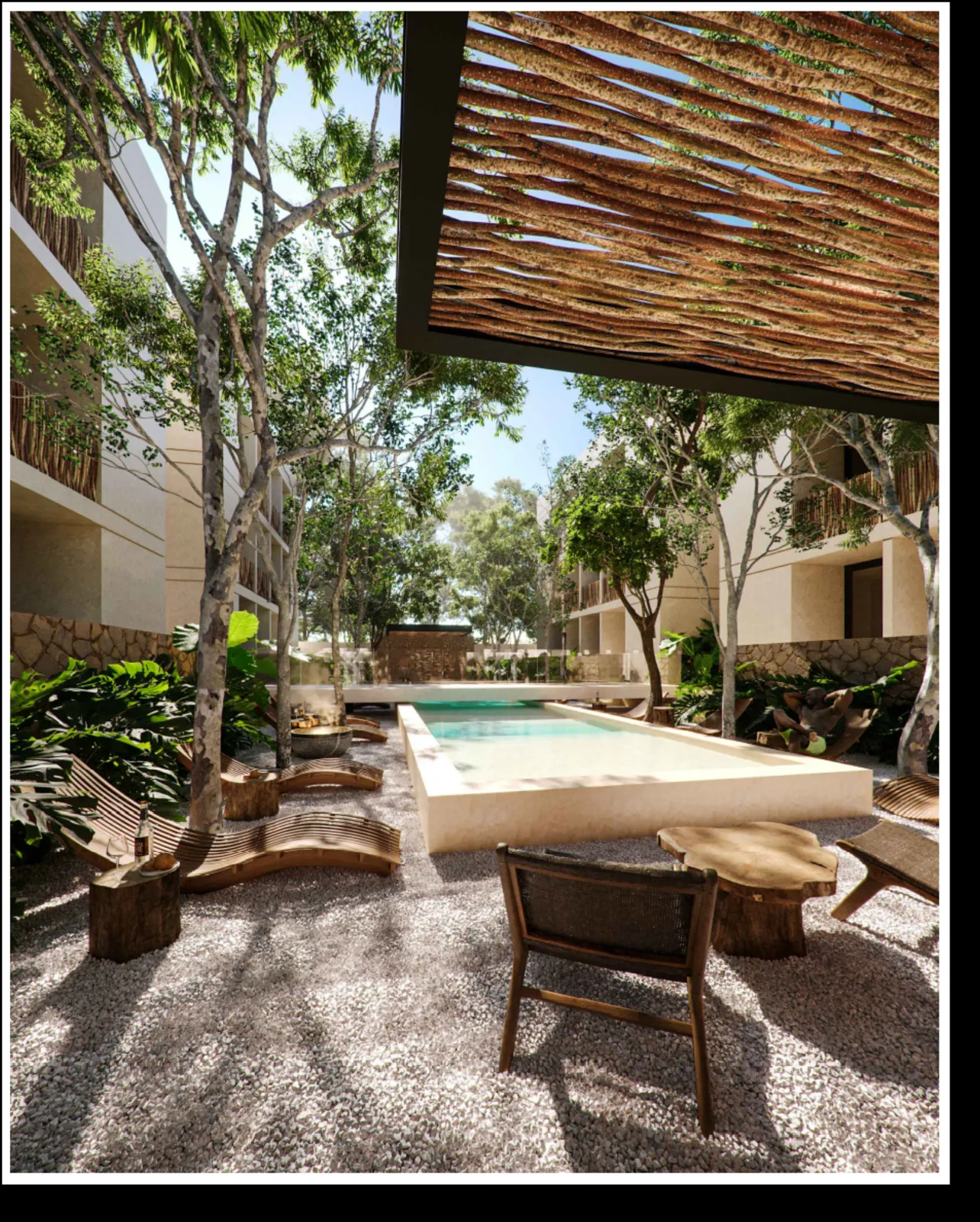 Outdoor pool area with lounge chairs and wooden shade structure