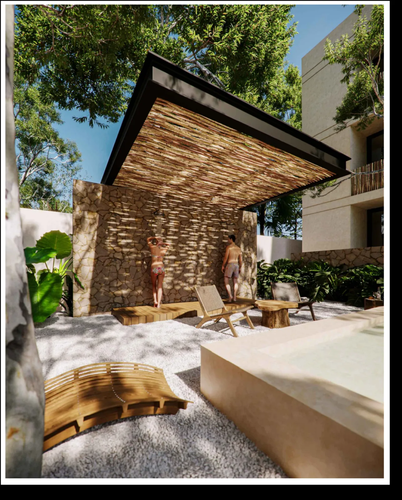 Outdoor shower area with pool and lounge chairs