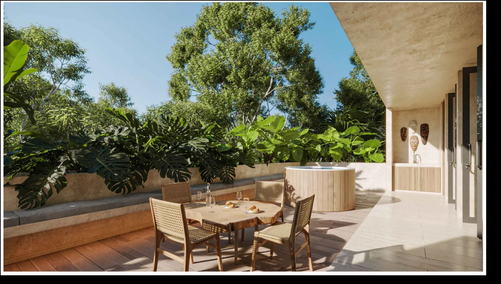 Outdoor terrace with wooden hot tub and dining area.