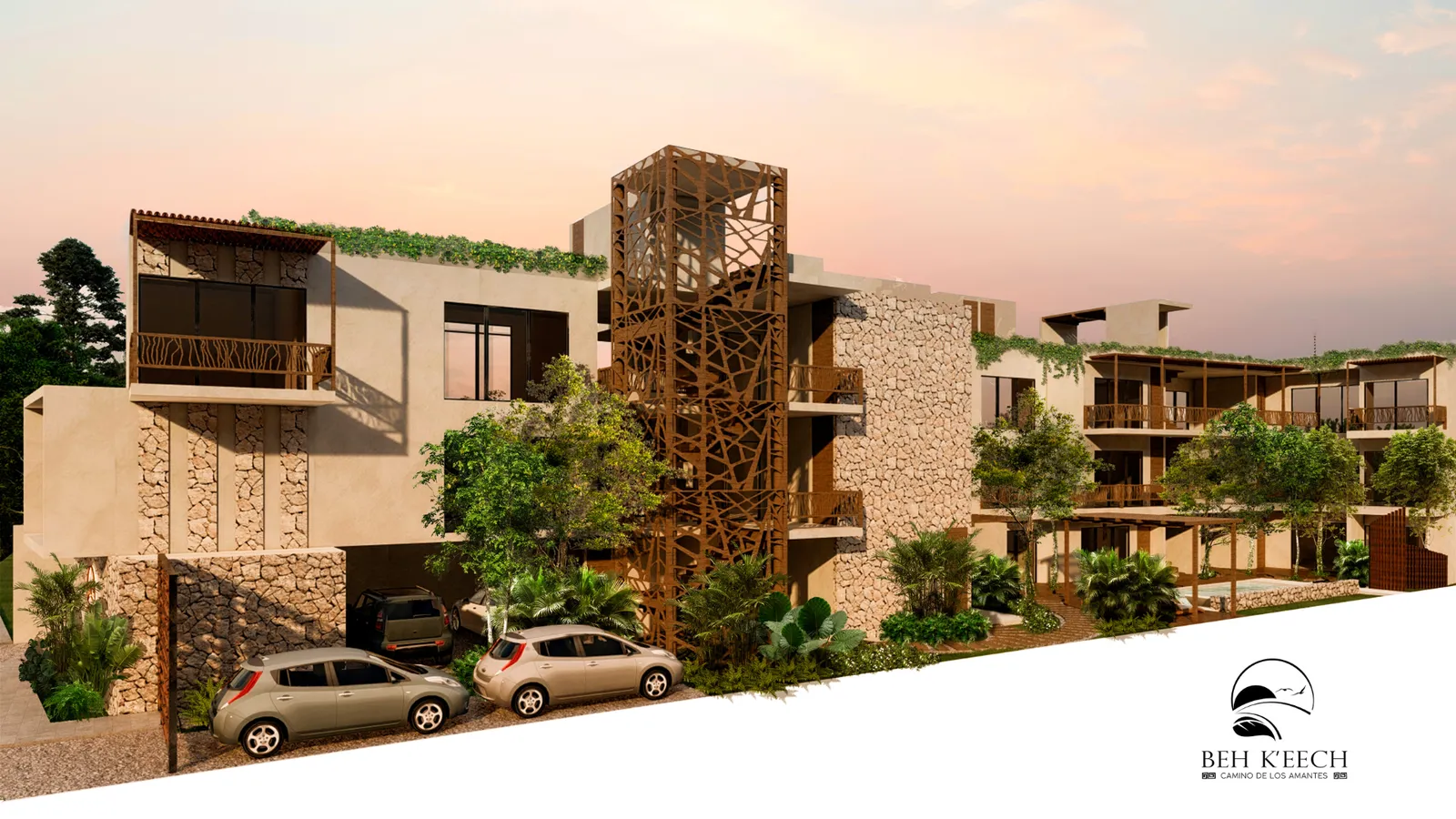 Modern residential building exterior with stone facade and metal lattice.