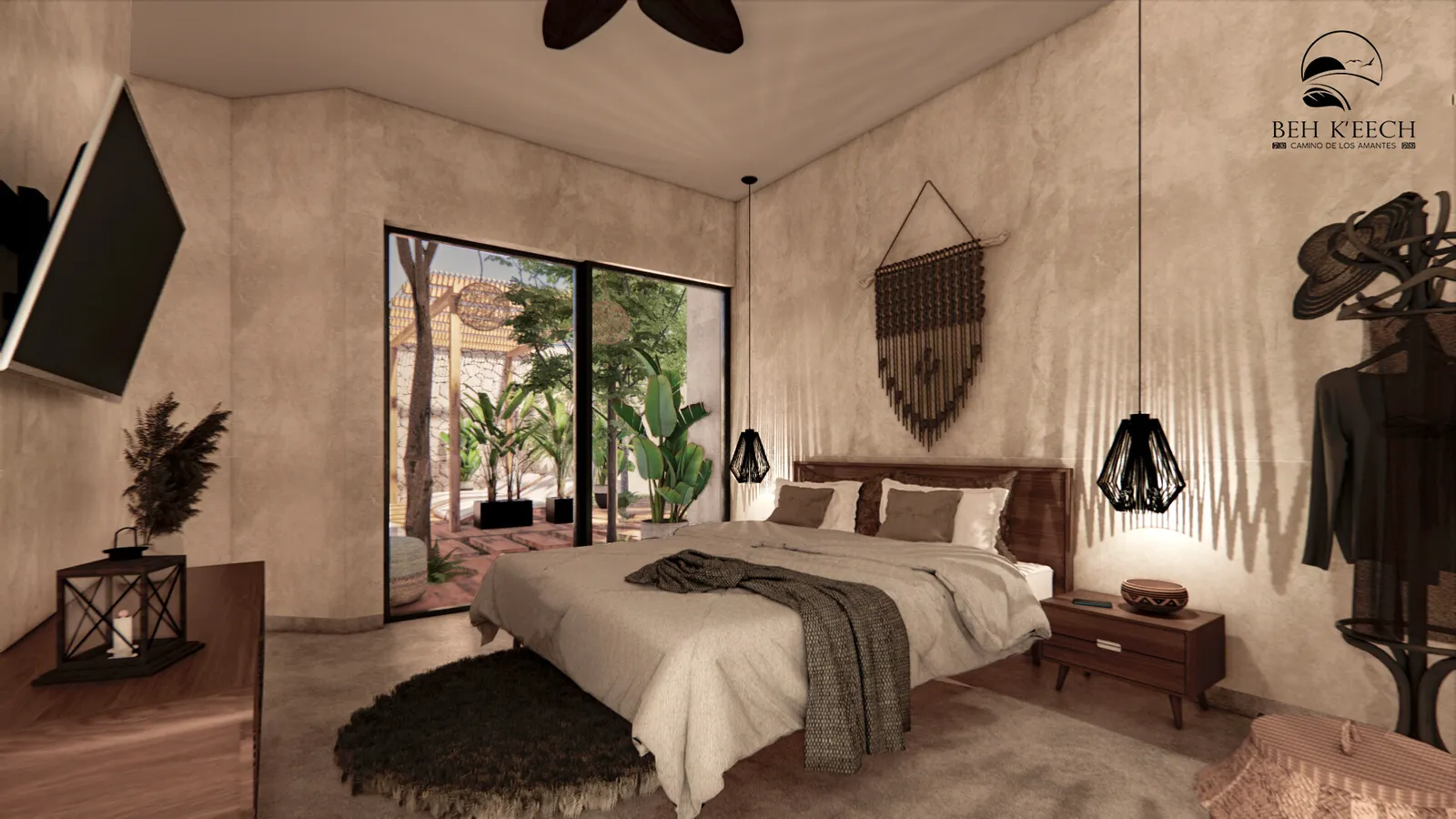 Bedroom with boho decor and sliding glass doors
