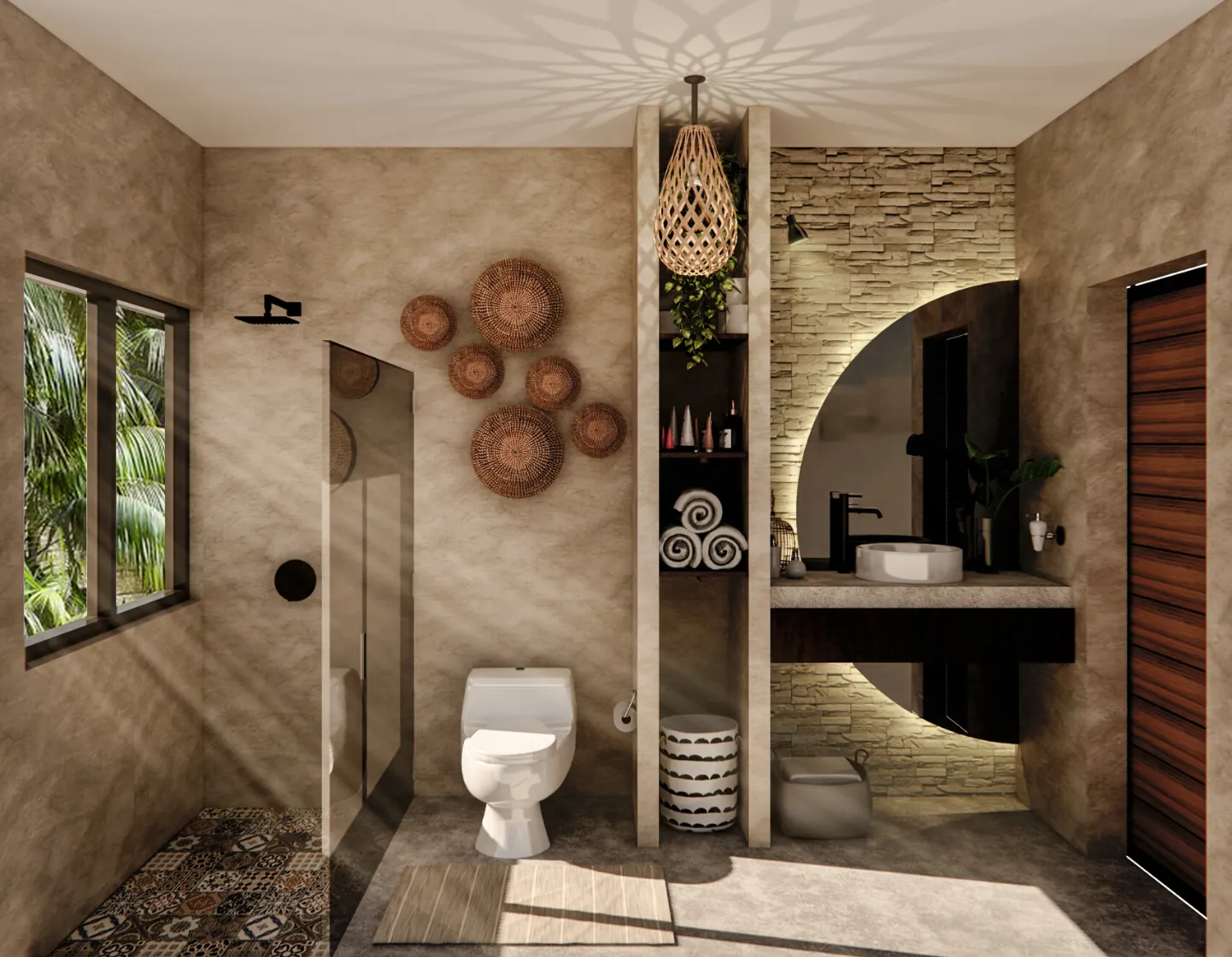 Modern bathroom with stone walls, wooden door, and round mirror.