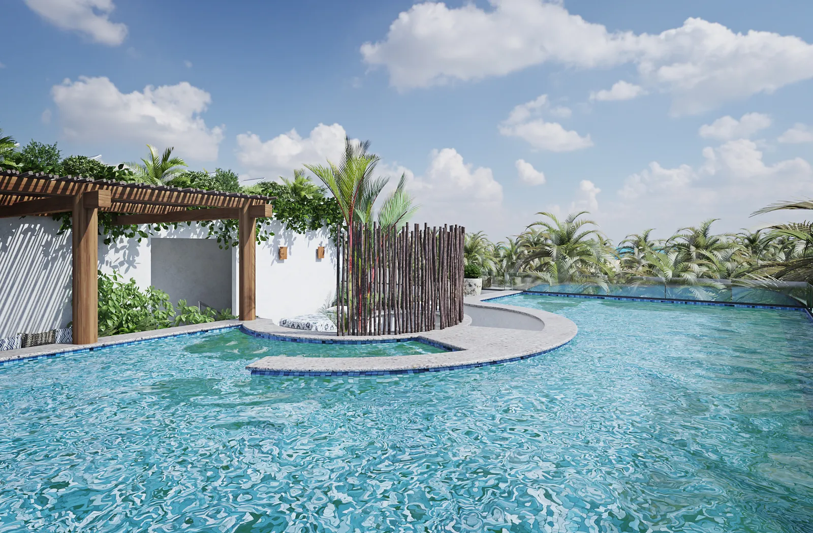 Swimming pool with wooden pergola and tropical landscaping.