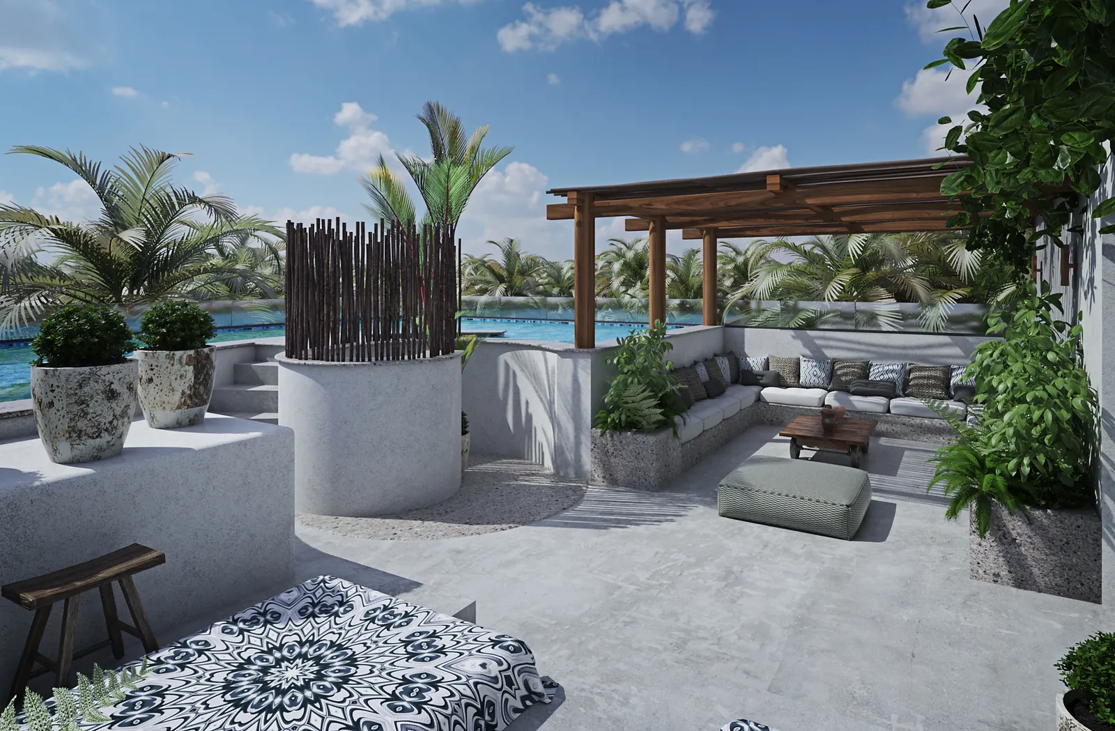Outdoor terrace with pool and wooden pergola
